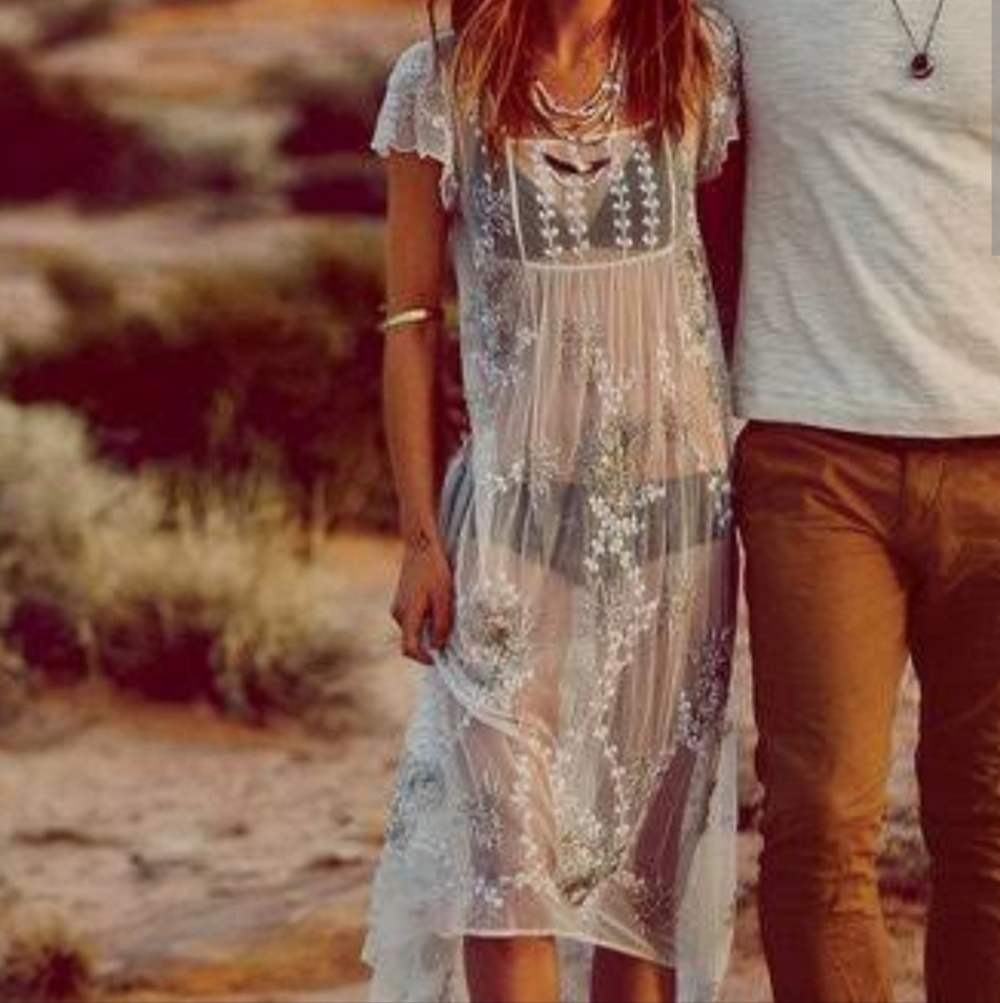 Free People JOURNEY White Embellished Beaded Sheer Midi Slip Dress